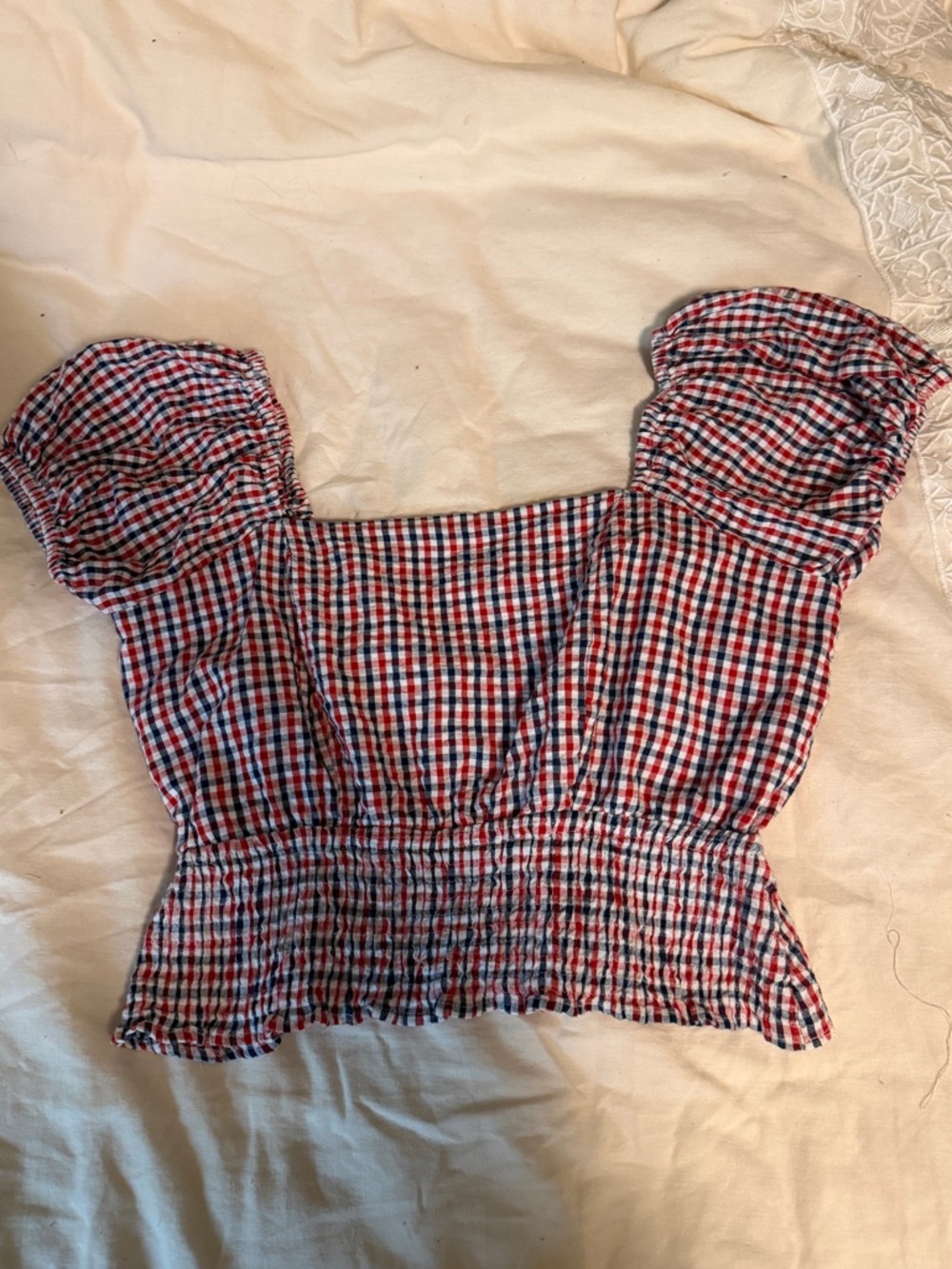 Red, white, and blue gingham top with lace up back